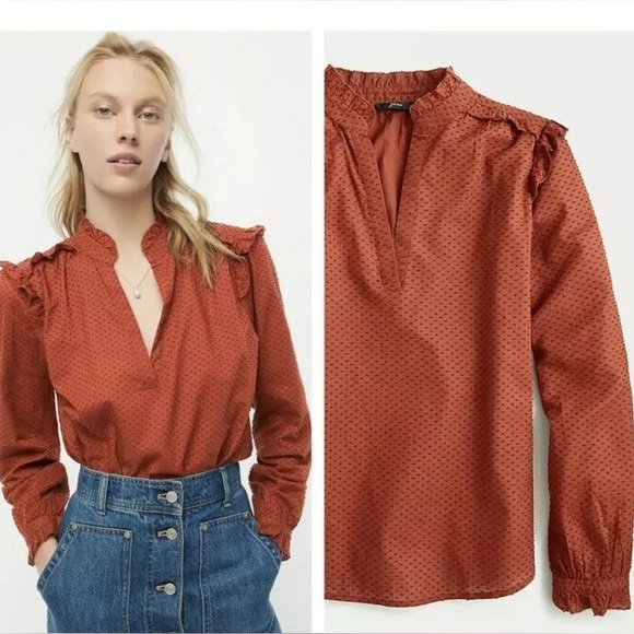 J. Crew Tops - J. Crew Clip Dot Cotton Ruffle Blouse Rust Long Sleeve XL